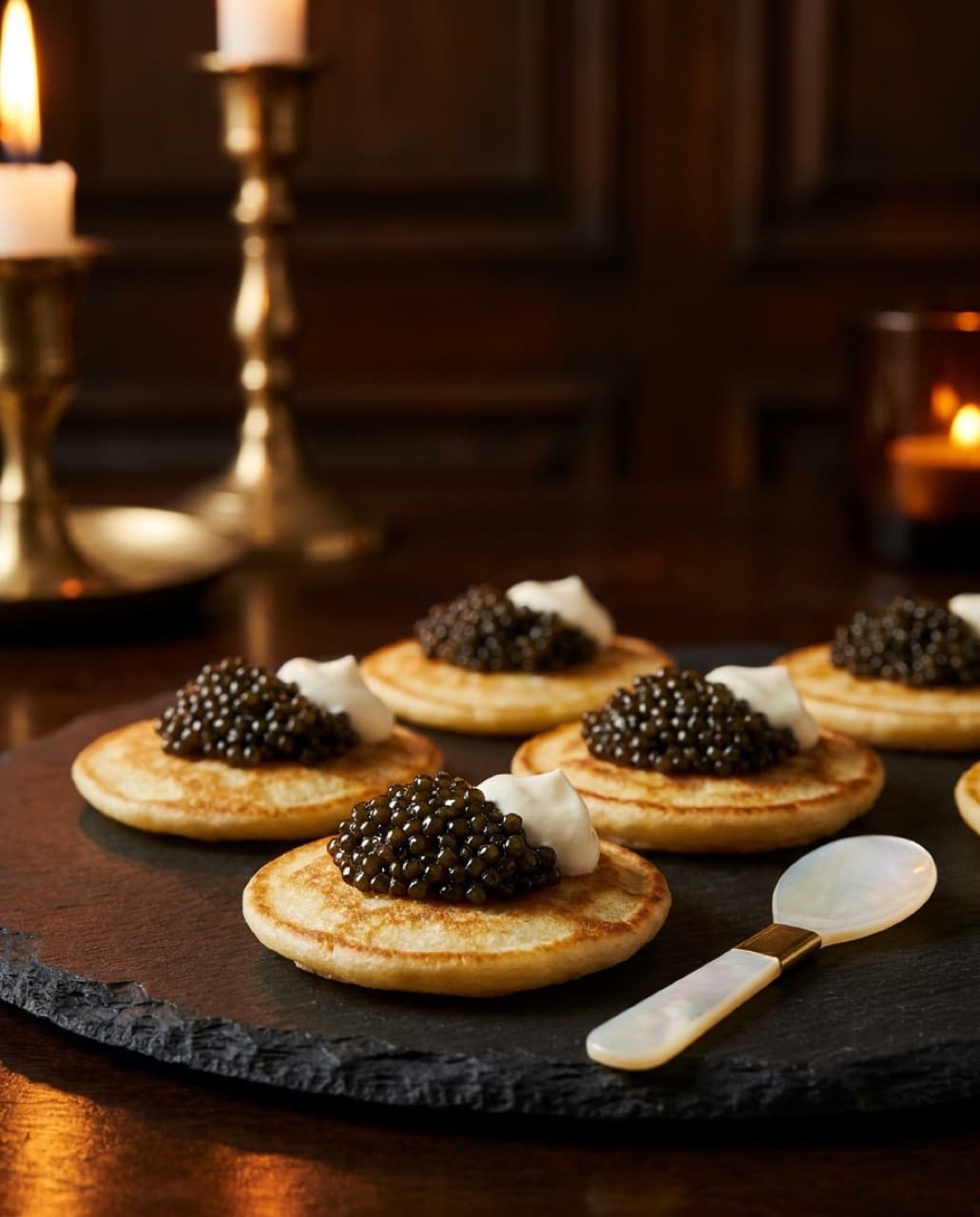 Mini blinis topped with caviar and crème fraîche